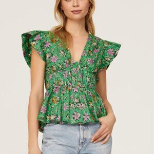 Derek Lam 10 Crosby Roselyn Ruffle Sleeve Top Multi Green Size 4